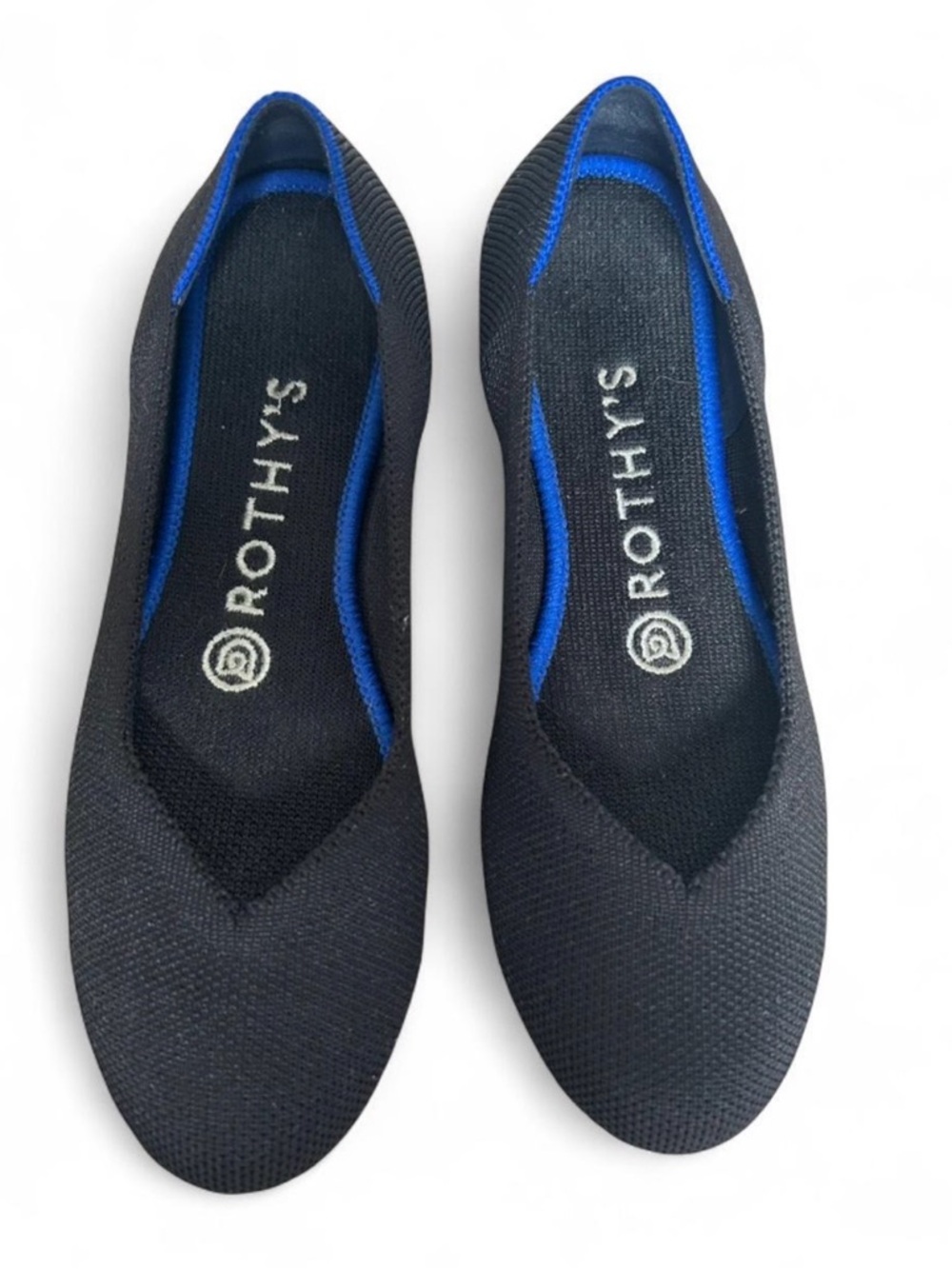Rothy's Women’s Black Knit Slip-On Ballet Flats with Blue Trim- Sz. 6